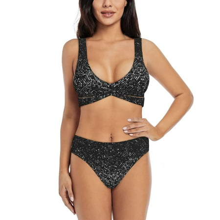 Zeuib Black And White Dotted High Waisted Tummy Control Bikini Set - Knot Front Push Up Top & Cheeky Thong Bottom  Two-Piece Swimsuit for Women-X-Large