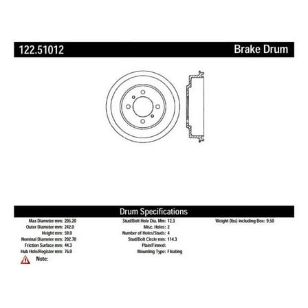 Centric Parts Brake Drum P/N:122.51012