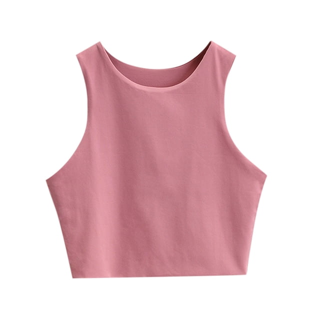Débardeur Court Sans Manches pour Fille, Double Couche, Col Rond, Rose M/13 Y-14 Y
