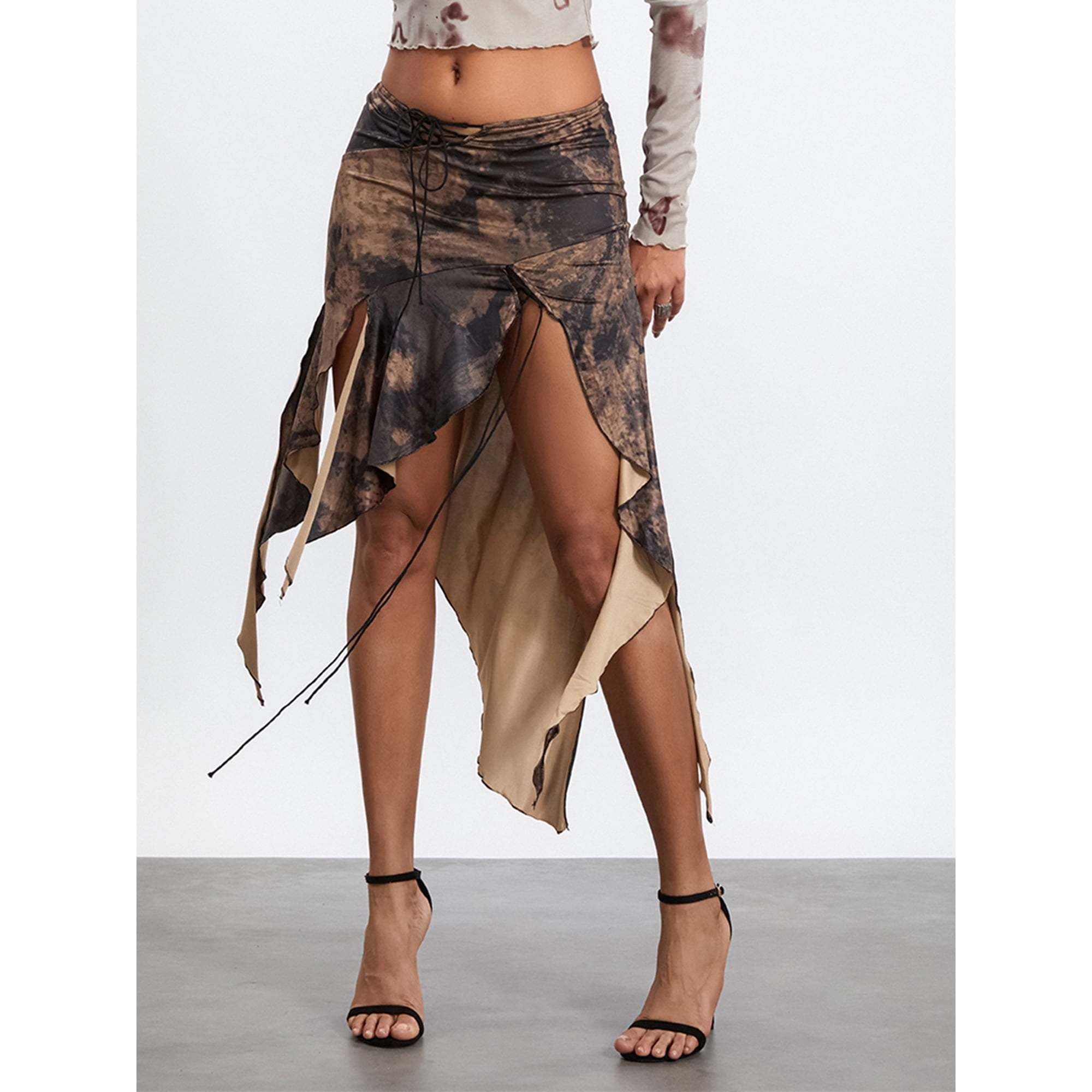 Pudcoco Women s Midi Skirt Low Waist High Split Vintage Pattern Print Front Tie Up Irregular Ruffle Hem Skirt for Party Club Night