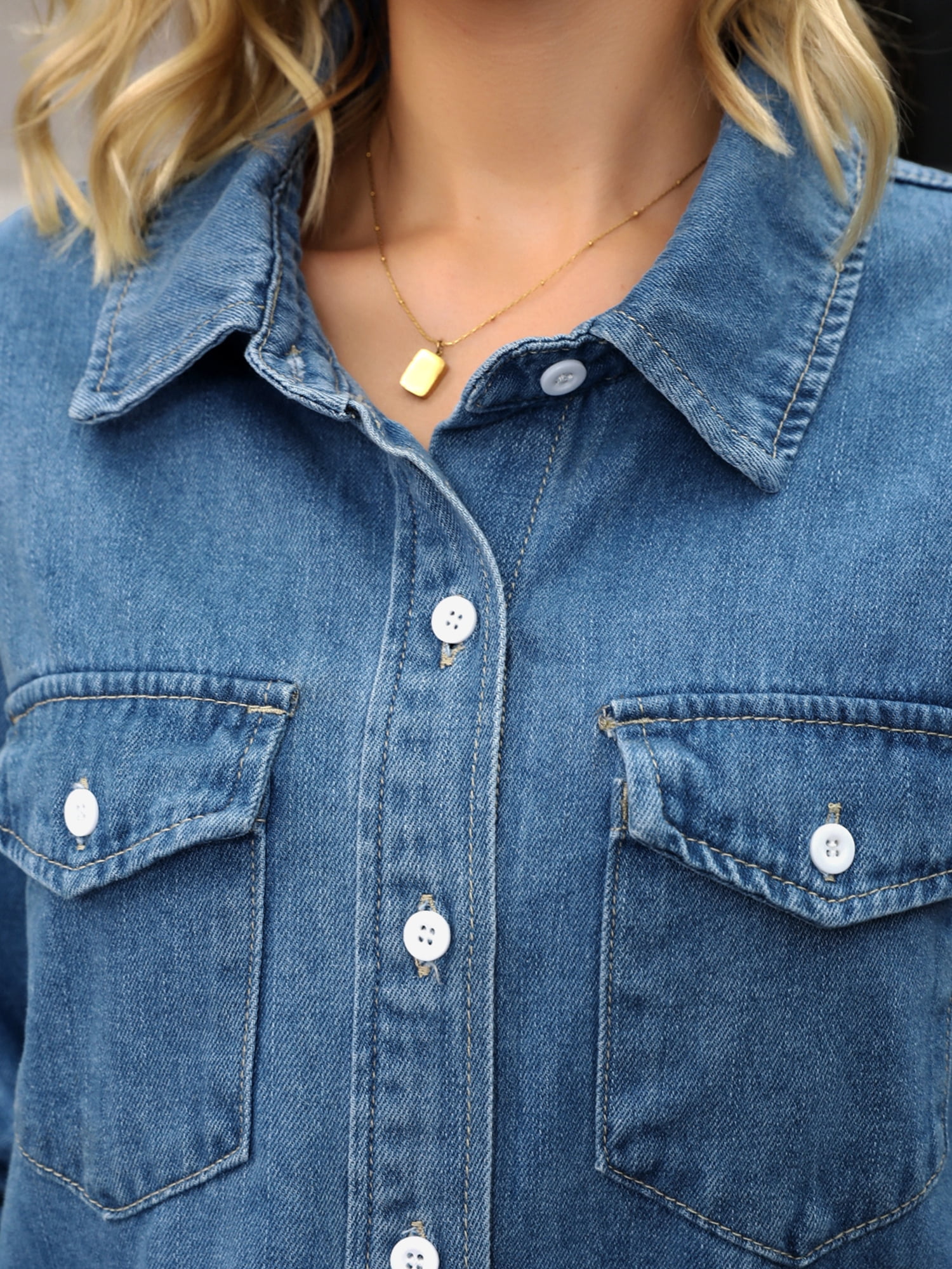 DARING DIVA Women's Button Down Long Sleeve Western Shacket With Pockets S Blue