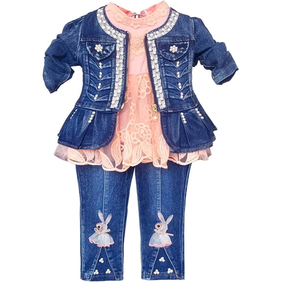 Peacolate 6M-3Years Spring Autumn Little Baby Girls Clothing Set 3pcs Long Sleeve Dress Bunny Denim Jacket and Jeans,Pink,6-12Months