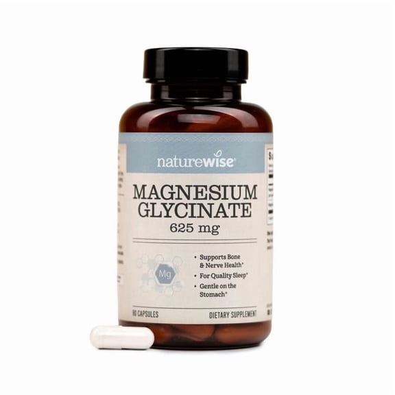 NatureWise Magnesium Glycinate 625 mg - Equal to 125 mg Elemental Mg - Chelated Magnesium Glycinate for Sleep, Relaxation, Muscle & Bones* - Gentle on Stomach, Vegan - 90 Capsules[90-Day Supply]