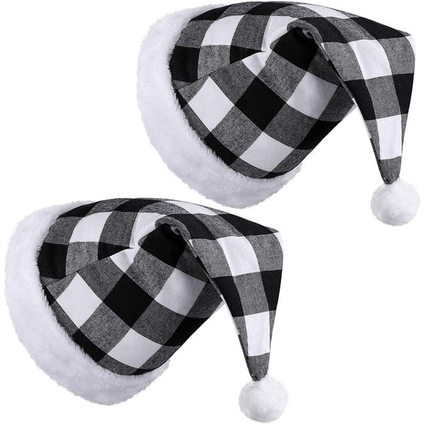 2 uds. Gorro de Papá Noel para adultos, terciopelo rojo, cuadros negros, suministros para fiesta de Navidad, gorro de Papá Noel, sombrero para adultos, sombrero de Navidad a cuadros en blanco y negro (blanco y negro) Rojo Verde RV011031-01373SDJ