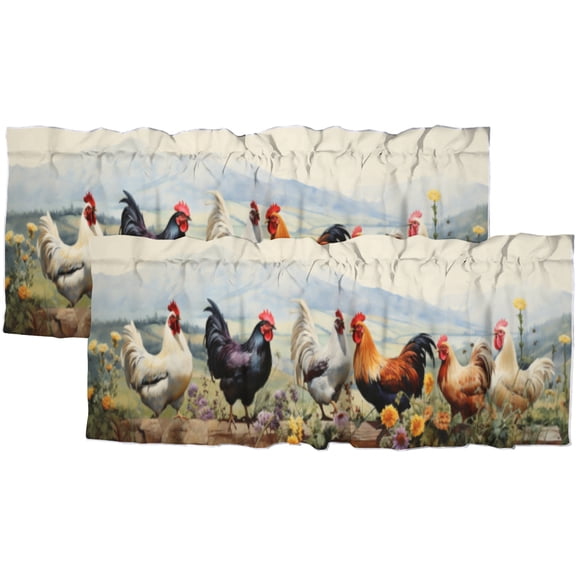 Rooster Printed Window Curtains Valances for Kitchen Village Farm Chicken and Flowers Nature Scenery Privacy Decorative Rod Pocket Short Window Valance Curtains 54 by 18 in, 2 Panel