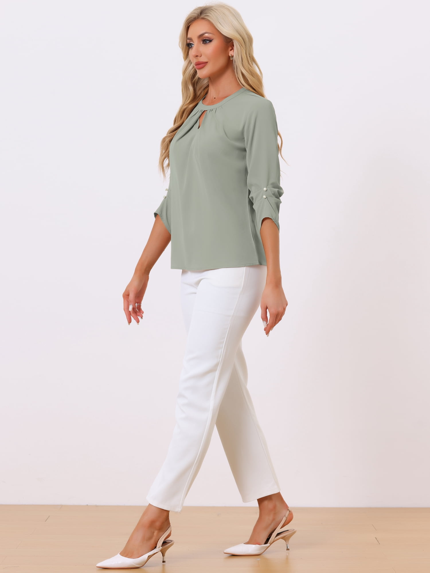 DARING DIVA Round Neck Keyhole Pleated Shirred Work Top M Gray