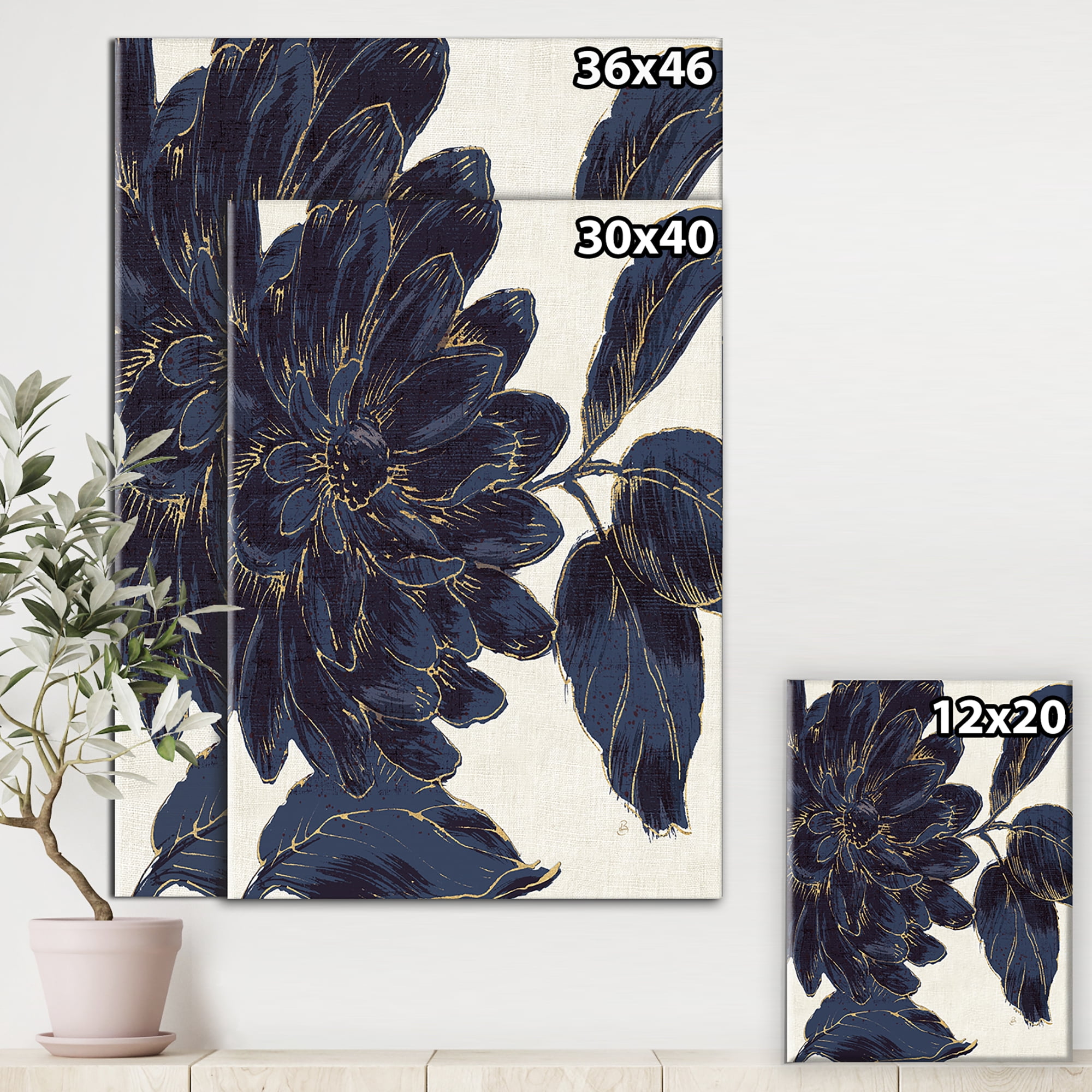 Designart 'Indigo Gold Metallic Flower' Traditional Canvas Art