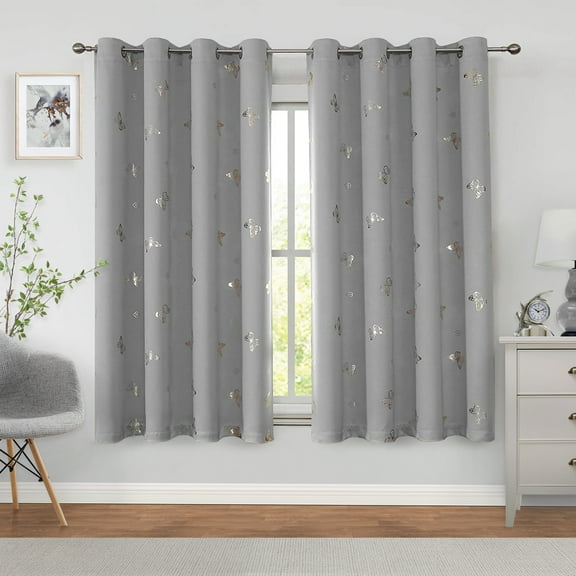Flowpartex Grey Butterfly Blackout Curtain Panels 54"L×52"W Set of 2, Floral Gold Foil Print Grommet Top Drapery for Nursery Kids Bedroom Living Room