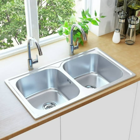 

Kitchen Sink Double Basin with Strainer & Trap Stainless Steel