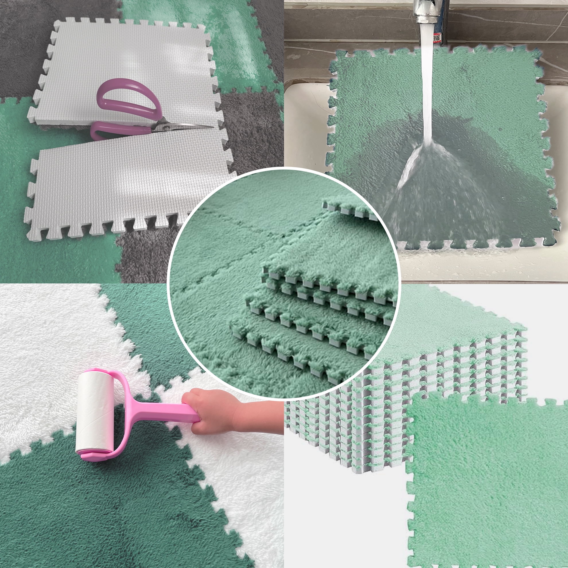 Interlocking Carpet Shaggy Soft EVA Foam Mats Fluffy Square Thickened Plush Tiles Protective Floor Tiles Exercise Play Mat for Children Kids Room Home Parlor Bedroom (Mint Green, 12 Pcs)