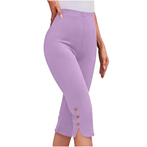 Admvng Womens Capri Pants Casual Summer Stretch Pants Bottom Slits Design with Buttons Trim S-3XL