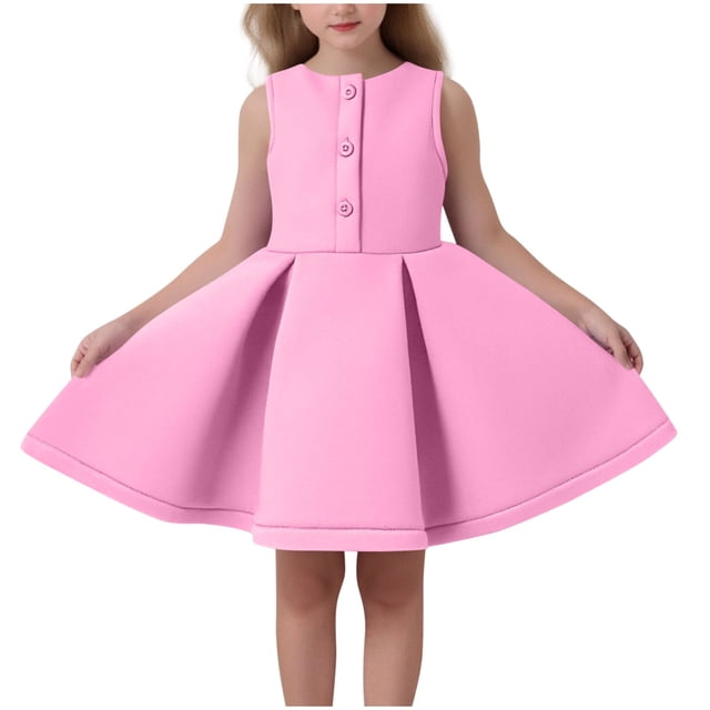 Floleo Robe Sans Manches à Volants pour Filles, Col Rond en Dentelle, Jupes Décontractées d'Été, Activités de Lecture, Ajustement Confortable, Robe d'Été pour Enfants (Rose, 9-12 Mois)