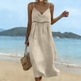 thumbnail image 2 of fheaev Women's Maxi Dress Linen Spaghetti Strap V Neck Lace Trim Sleeveless for Beach Vacation Beige L, 2 of 7