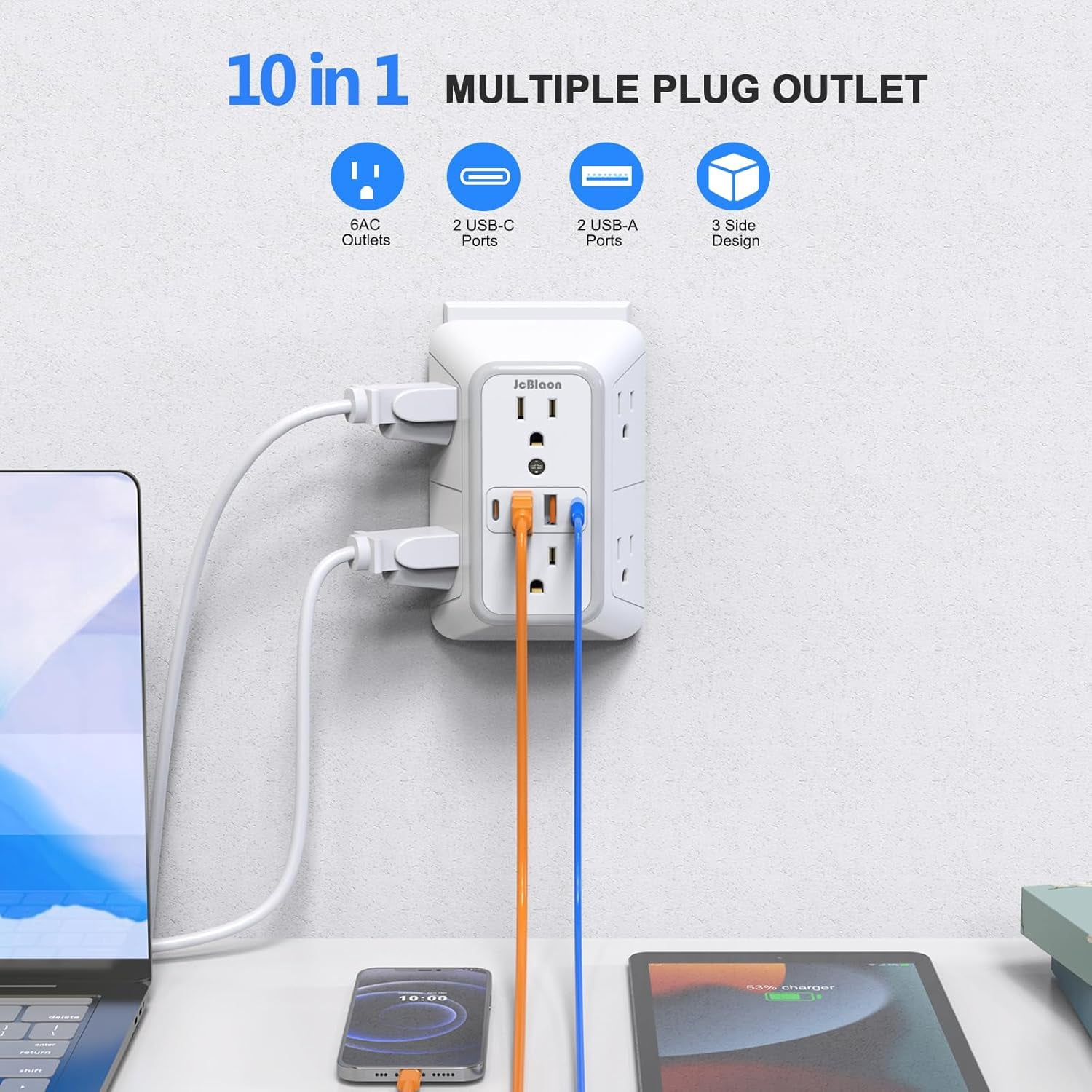 2 Pack Outlet Extender Sur Protector, 6 Outlet Splitter with 4 USB Outlet (2 USB A,2 USB C), 3Sided Power Strip with Adapter Spaced Outlets for Home, Office, Travel(White)