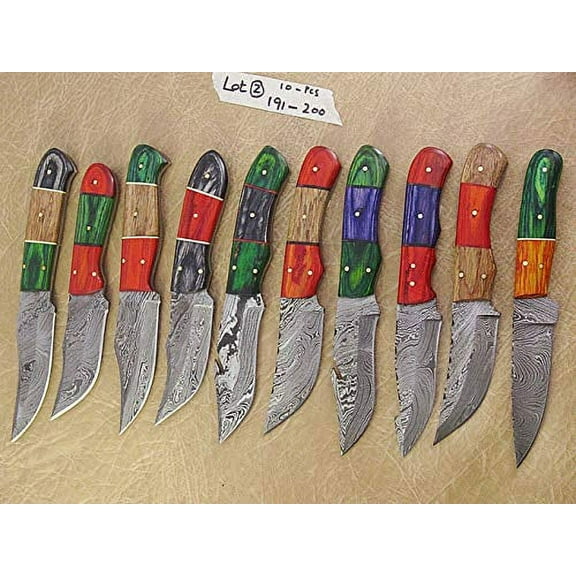 Lot of 10 pieces hand forged Damascus steel skinning knives, over 75" long knives Drop point, Trailing point, spear point, clip point blades, each knife comes with Leather sheath