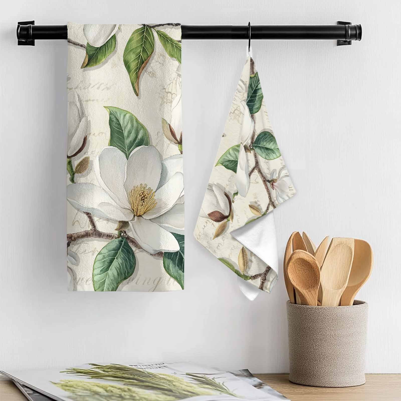 Retro Flowers Kitchen Towel Dish Cloths Set of 2, Microfiber Soft Kitchen Hand Towels, Farmhouse Leaf Branch Green Plants Absorbent Quick Drying Dishcloths 18 x 28 Inches