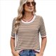 thumbnail image 3 of Camisas de Corta de Verano para Mujer, Suéter A Rayas, Lindas Blusas Casuales de Punto con Cuello Redondo A Color Café S, 3 of 9