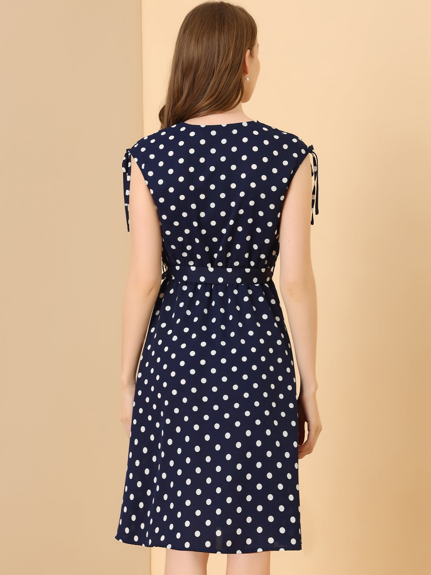 DARING DIVA Women's Polka Dots Vintage V Neck A-Line Sleeveless Midi Dress S Dark Blue