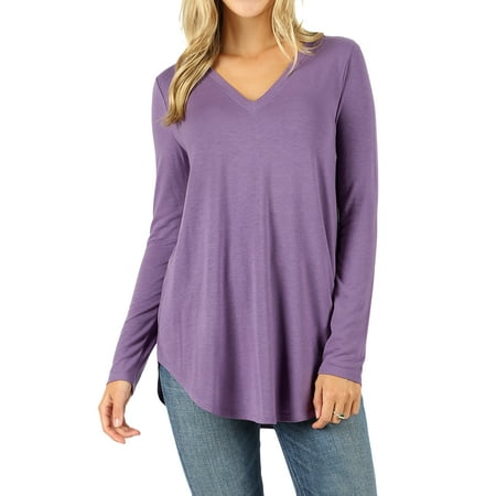 Women & Plus(S-3X) Relaxed Fit Long Sleeve V-Neck Round Hem Jersey Tee Shirt Top (Single & Multi-Packs Available) price history on PriceWatchPro