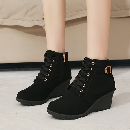 

Uinagy Women s Autumn and Winter Fashion Wedge Heel Platform Lace Up Ankle Boots Warm and Comfortable Style Shoes