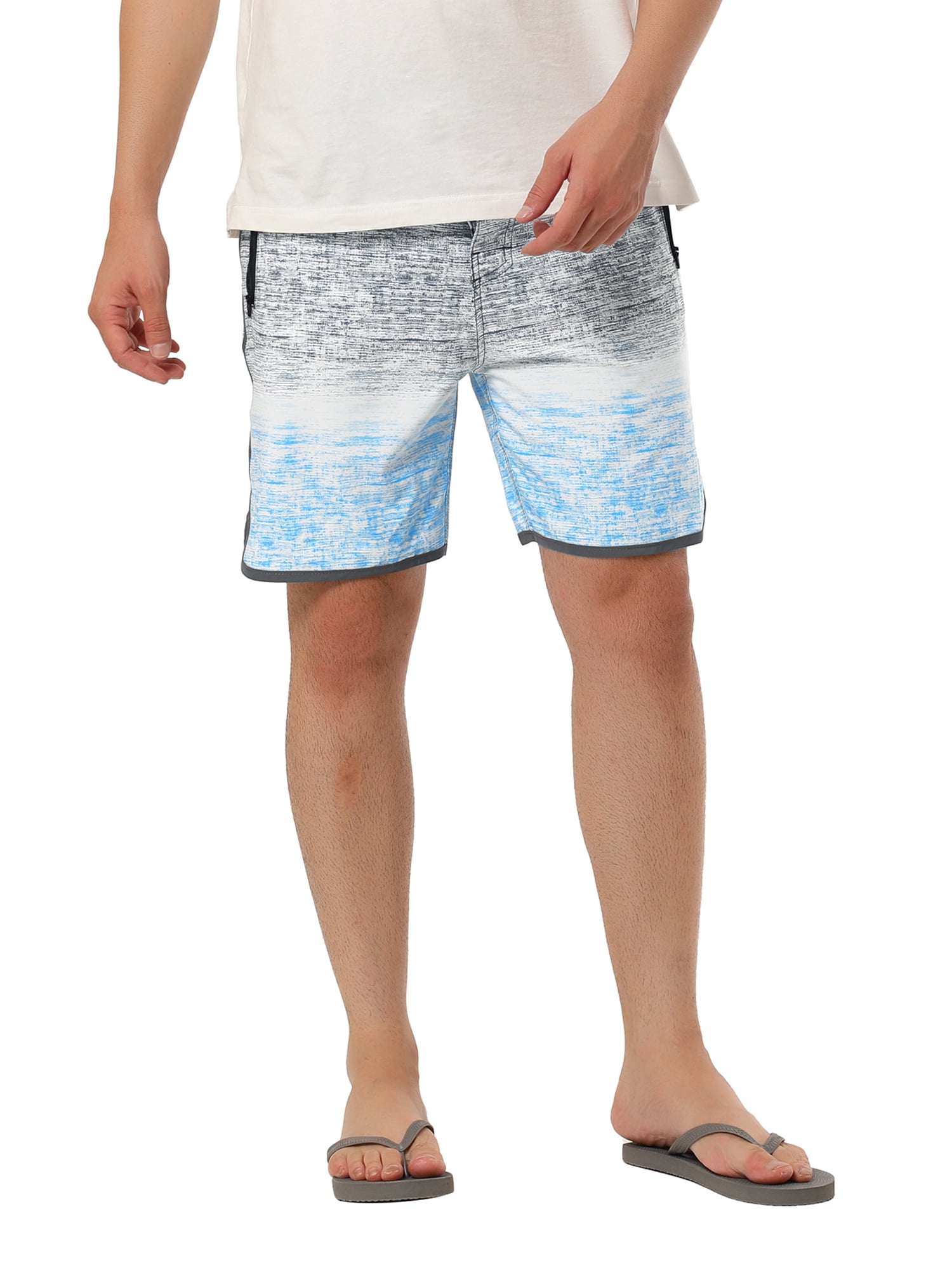 Unique Bargains Men's Summer Drawstring Contrast Color Printed Beach Boardshorts 34 Gray Blue