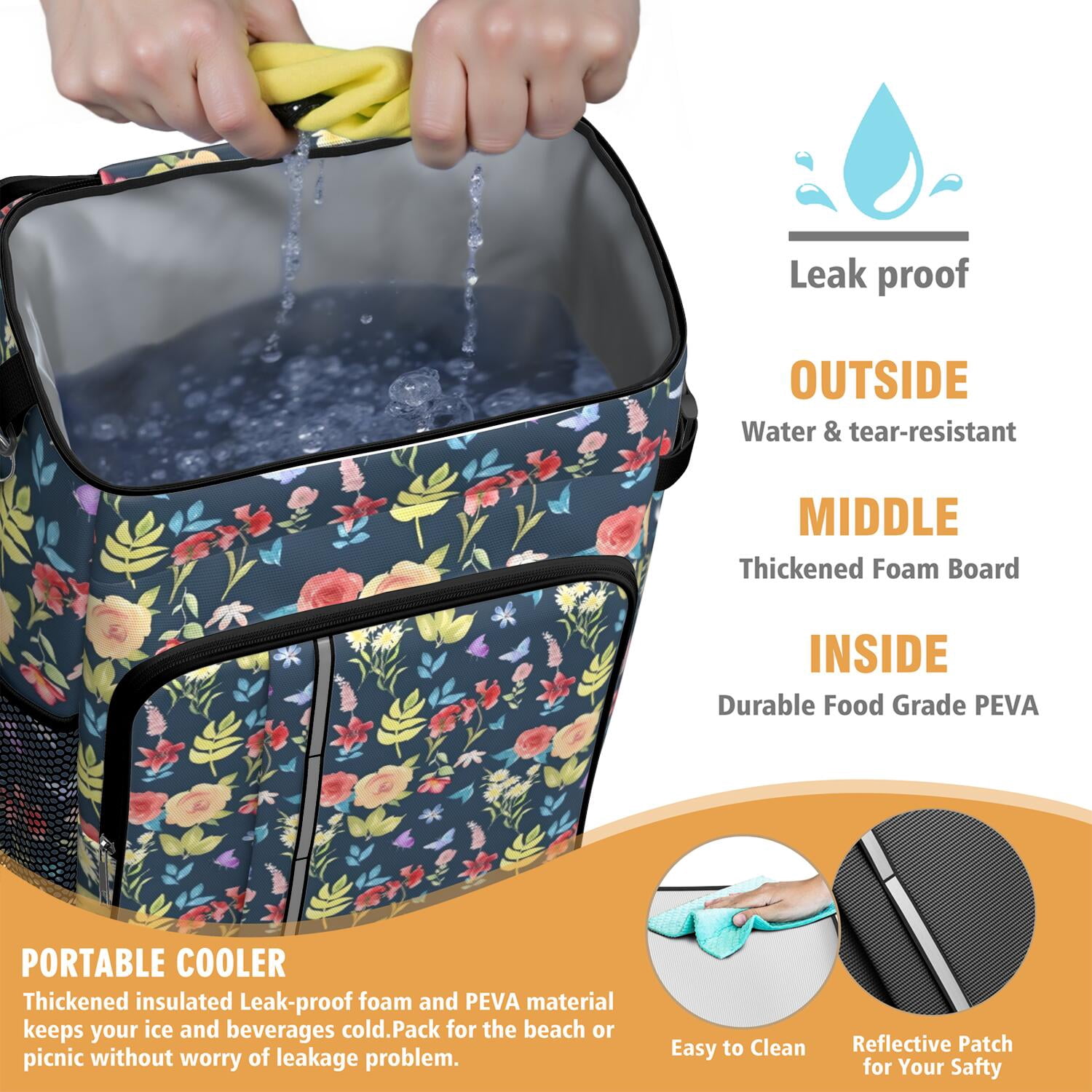 Travel Cooler Bag - Pioneer Flower Floral Print Pattern Camping Beer Cooler Backpack with Bottle Opener- Waterproof Insulated Picnic Backpacks - Cooler Bag for Beach