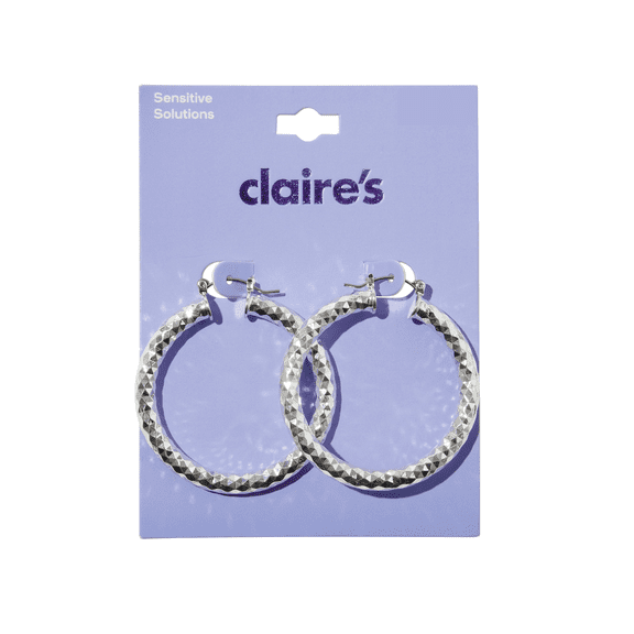Claire's Teen Girls Silver Reflective Textured Hoop Earrings, Sensitive Solutions