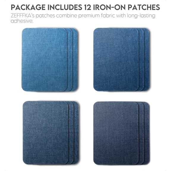 Denim Iron-on Patches Inside & Outside Strongest Glue 100% Cotton Black and White Repair Decorating Kit 12 Pieces Shades of Blue Size 3" by 4-1/4" (7.5 cm x 10.5 cm)