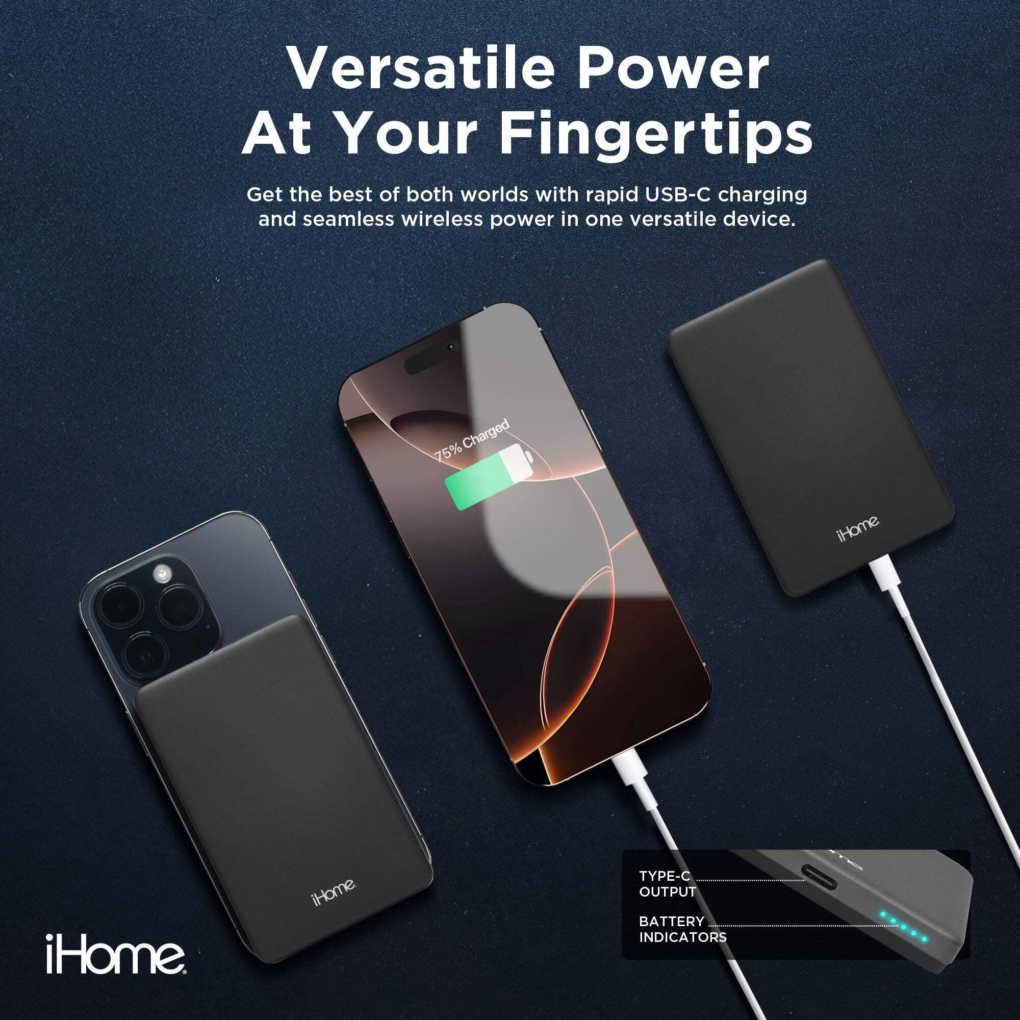 iHome 5000mAh Magnetic Portable Power Bank, Wireless Charging, USB-C Input/Output, MagSafe Compatible for iPhone 12 & Newer