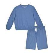 Sleep On It Boys 2-Piece Long-Sleeve Soft Textured Knit Pajama Shorts Set, Blue Pajama Sets for Boys, Size M (8/10)