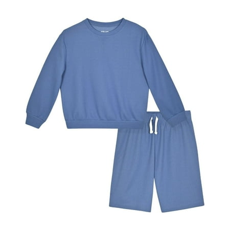 Sleep On It Boys 2-Piece Long-Sleeve Soft Textured Knit Pajama Shorts Set, Blue Pajama Sets for Boys, Size M (8/10)