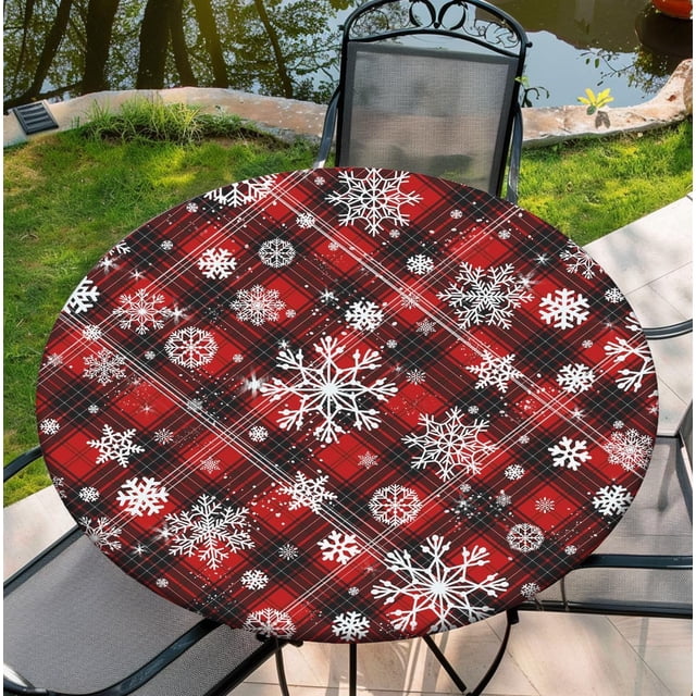 Housse de Table Ronde pour Tables Rondes 36 Pouces-70 Pouces, Nappe Ajustée avec Élastique pour Fête Intérieure Extérieure Vacances, 60 Pouces, Carreaux de Noël et Neige