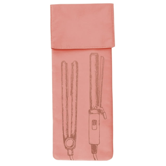 Mine Heat Resistant Hair Tools Case in blush, slim pouch with fold-over flap and heat-resistant lining, printed with flat iron and curling iron illustrations, designed for travel and protecting bags from hot styling tools.