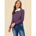 thumbnail image 3 of Allegra K Women's Contrast Collar Long Sleeves Peter Pan Collar Striped Blouse Top Medium Purple Black, 3 of 6