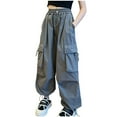 thumbnail image 2 of Girl Cargo Pants 10-12 Parachute Cargo Pants Elastic High Waist Drawstring Jogger Trousers Y2K Casual Baggy Pants Loose Streetwear Sweatpants School Uniform Pants for Teen Girls Flash for Today, 2 of 3