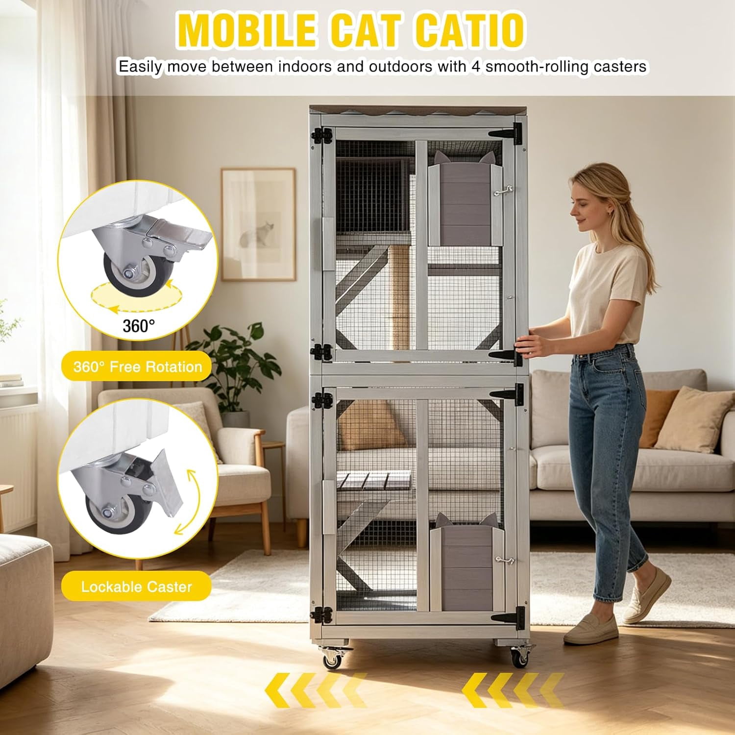 Aivituvin Catio Outdoor Cat Enclosure with Wheels, Outdoor Cat House with Weatherproof Roof, 3 Platforms, Large Window Catio Portable Cat Cage Indoor for 2-3 Cats, 23.4" D x 24.5" W x 62.8" H - Grey