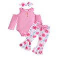 thumbnail image 2 of Musuos Baby Girl Cute Fall Outfit 0-18Months Ribbed Cold Shoulder Long Sleeve Romper + Floral Flare Pants and Headband 3 Pcs Set, 2 of 9