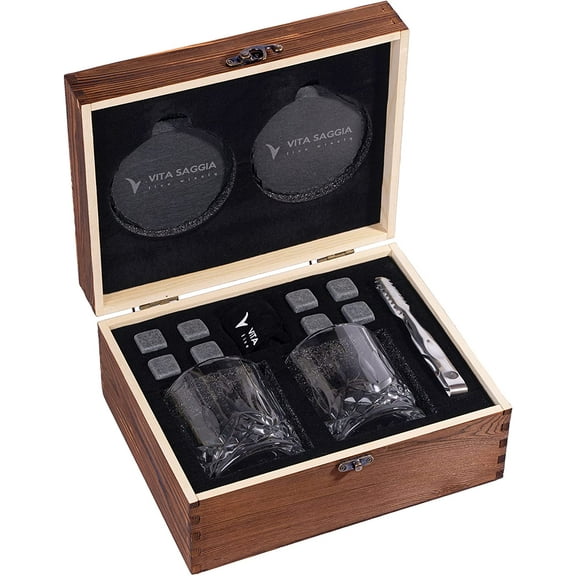 Luxury Whiskey Glass Set of 2, Gift Set In Wooden Box, Includes 8 Whiskey Ice Stones, 2 Coasters. Velvet Bag and Stainless Steel Tongs. Great Gift For Men, Dad, Christmas.