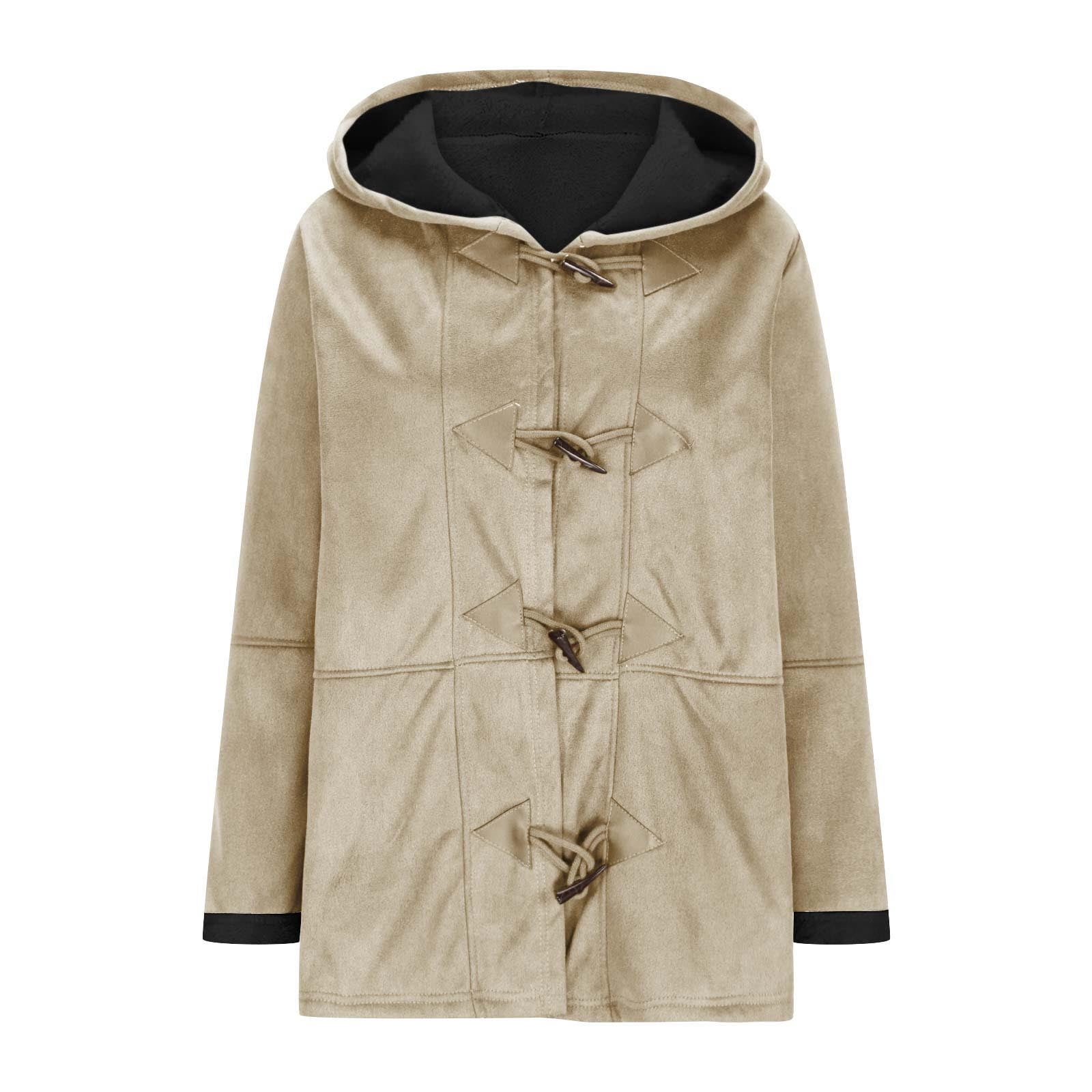 VINUSLI Women's Suede Thick Mid-Length Padded Coat Plus Size 2025 Winter Horn Button & Zip Jacket Fleece Lined Warm Hooded Outwear Beige,XXXXXL