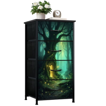 Dresser for Bedroom with 4 Storage Drawers Forest Magical Tree Door Glowing Fireflies Dressers Chest of Drawers Steel Framed Fabric Closet Organizers for Dorm Entryway