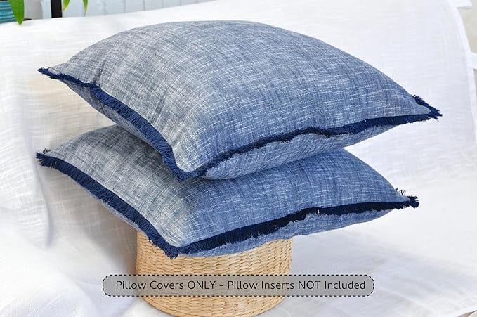 18×18 Blue Organic Cotton Throw Pillow Covers With Decorative Fringe Boho Farmhouse Cushion Cover with Tassels Linen Like Textured Accent Pillowcases for Bed Couch Chair Sofa Living Room, Set of 2