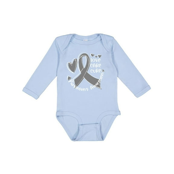 Inktastic Love, Care, Cure Parkinson's Awareness with Gray Ribbon Boys or Girls Long Sleeve Baby Bodysuit