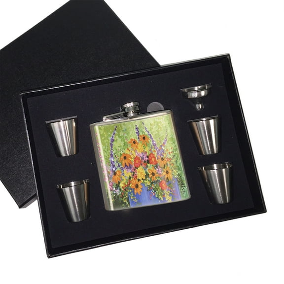 KuzmarK 6 oz. Stainless Steel Flask Set in Black Presentation Box -  Summer Flowers in Blue Pot Art by Denise Every