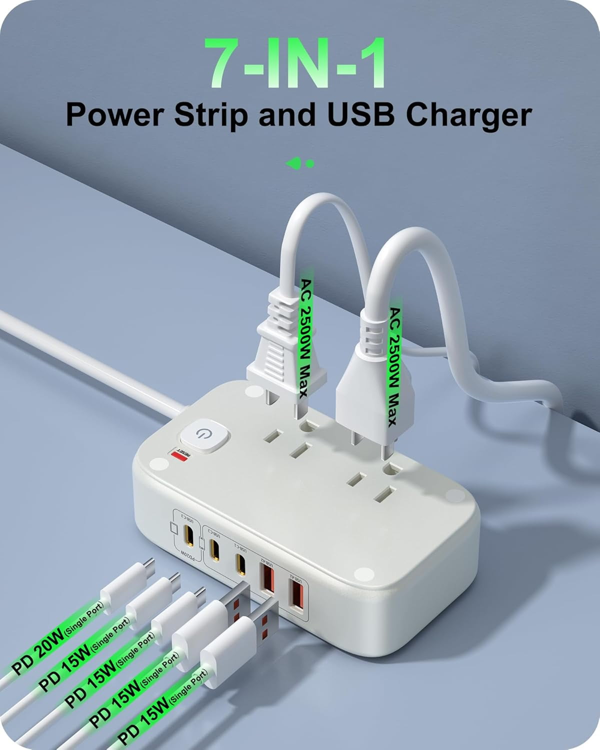 Power Strip with USB Ports, 20W USB C Fast Charging Station, 6FT Flat Extension Cord, 2 AC Outlets, 2 USB-A, 3 USB-C Ports for Multiple Devices (White)