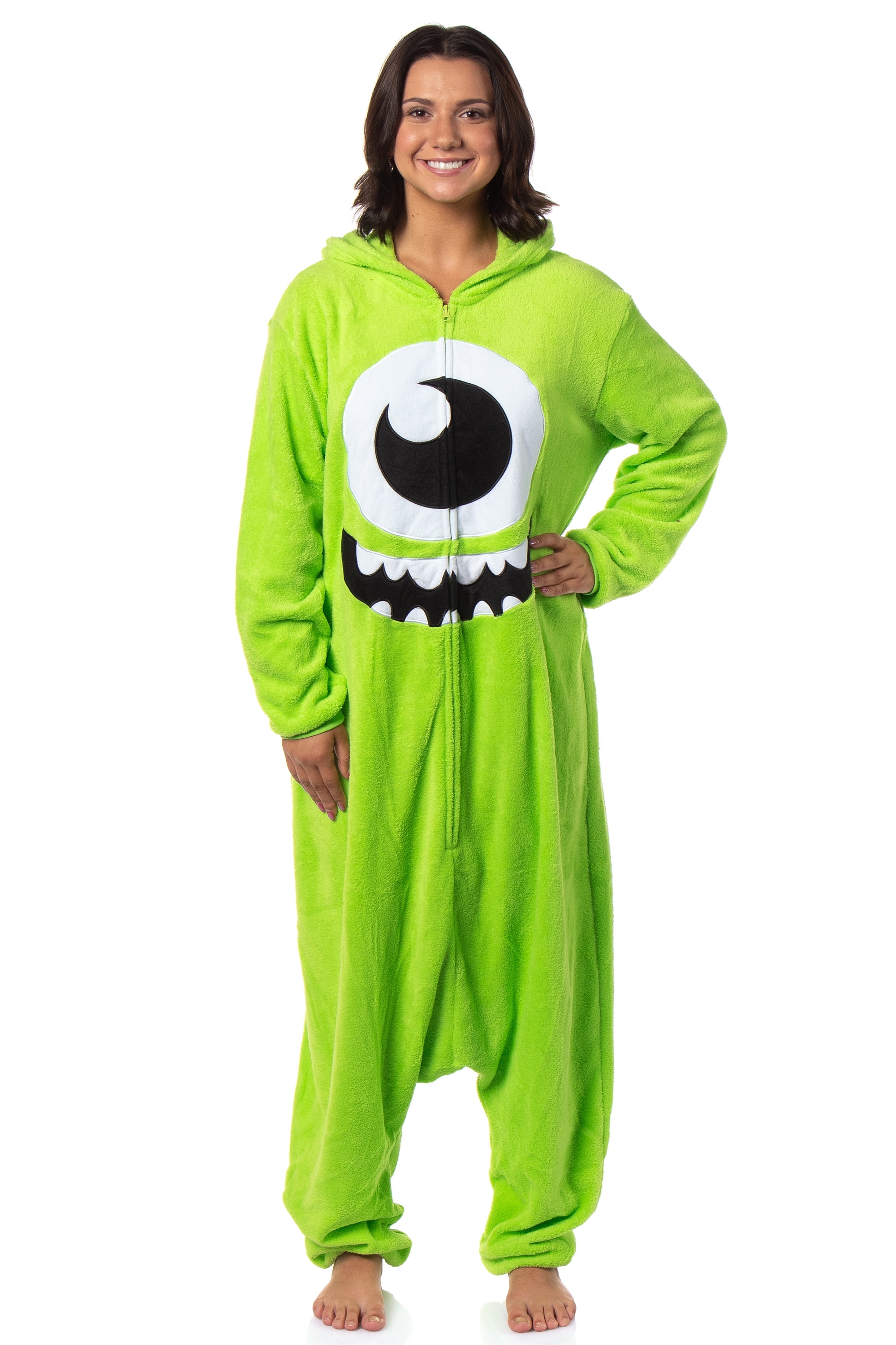 Disney Monsters Inc Mike Wazowski Hooded Kigurumi Adult Fleece Zip Up Costume One Piece Footless Pajama Union Suit