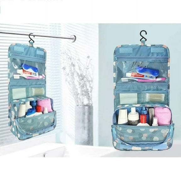 Portable Hanging Toiletry Bag Travel Makeup Pouch Waterproof Travel Kit Organizer Bathroom Storage Toiletry Bag with Hanging Hook Hanging Organizer Bag for Women Girls (Blue)