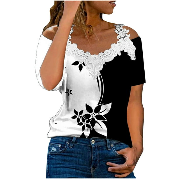 Blusa informal de manga corta con cuello en V y encaje con hombros descubiertos para mujer OAVQHLG3B Store lin121212