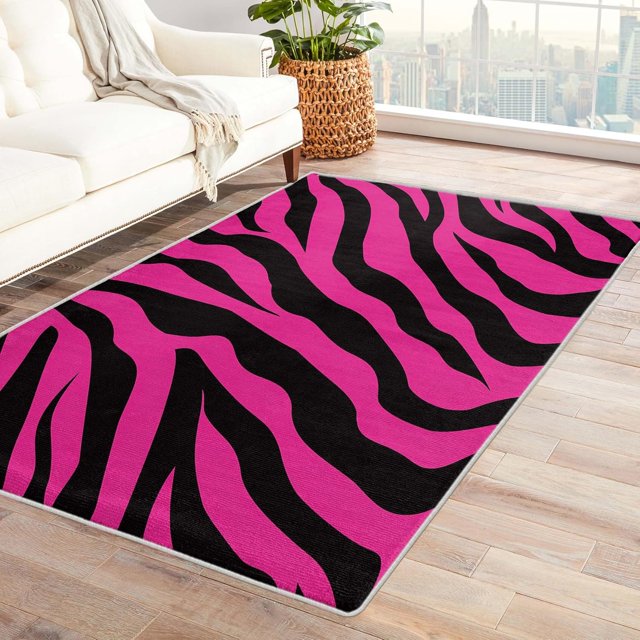 Stripe Rugs for Living Room Bedroom Entryway - Zebra Print Rug 2x3 - Pink Black Carpet for Home Decor - Washable Non Slip Patterned Indoor Small Area Rug - Soft & Low Pile (ZN&304)
