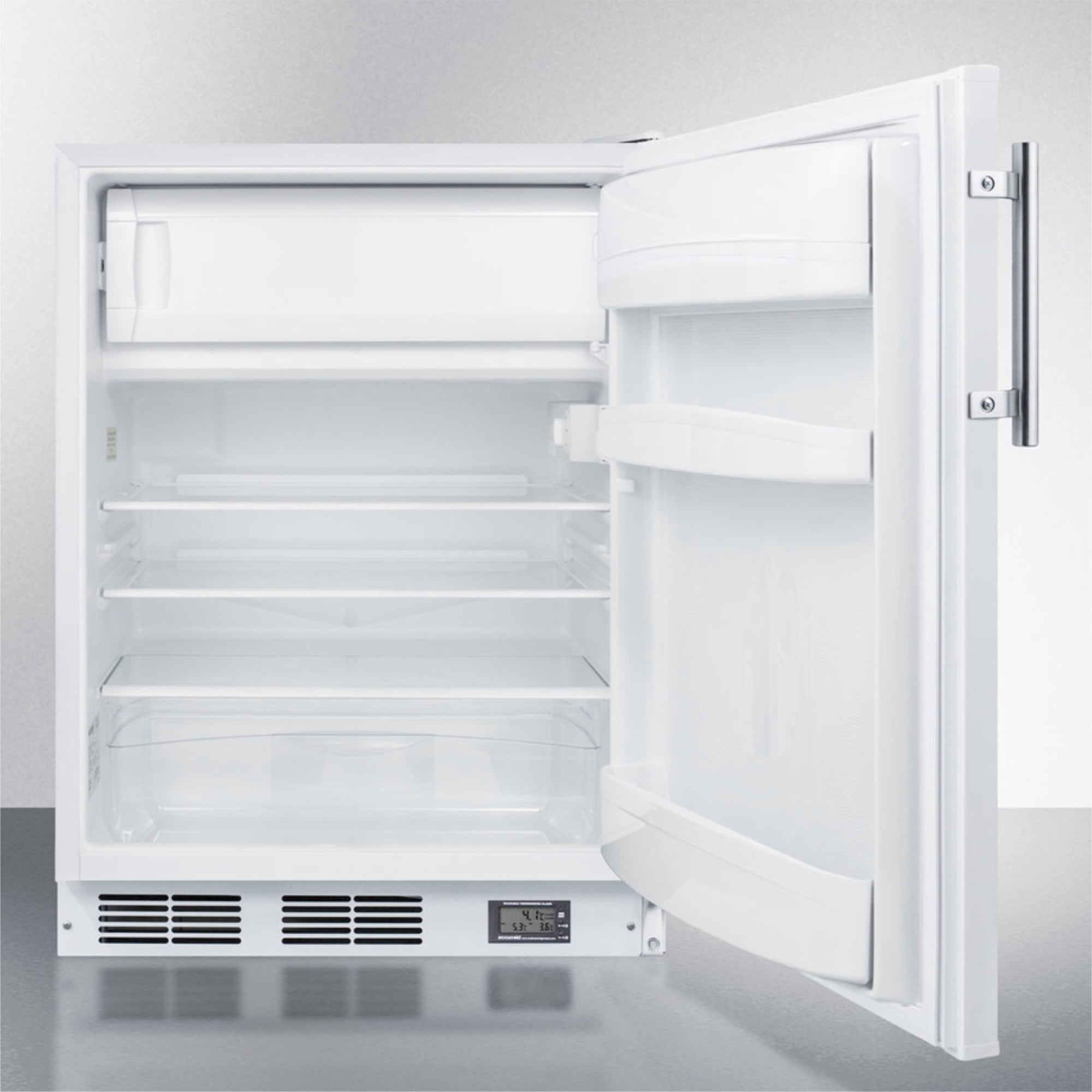 Built-in undercounter ADA compliant break room refrigerator-freezer in white with NIST calibrated thermometer and alarm