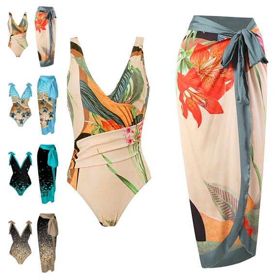 Lovzfmll Two Piece Swim Dress Sets for Women, Long Sleeve Chiffon Cover Up Maxi Dress, Bikini Beach Set with Tie Front